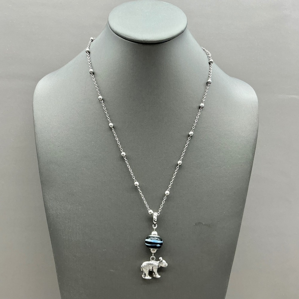 Polar Bear Pendant Necklace Women Silver Tone Blue Black Stripe Bead Fashion